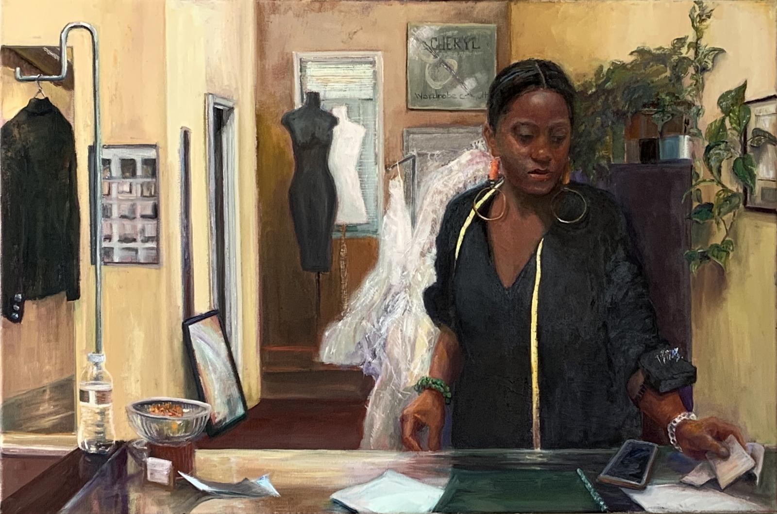 The young woman in this painting was hard at work in a tailor shop on T Street NW in Washington, DC.  She was striking in her black smock against the yellow walls and froth of ball and wedding gowns in the background.