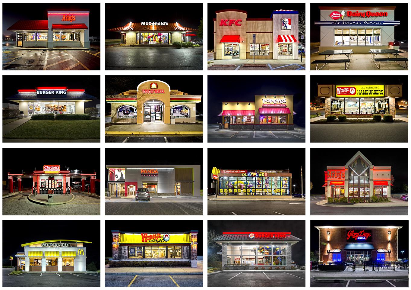 Composite photograph of 16 American fast-food restaurants - archival pigment print.