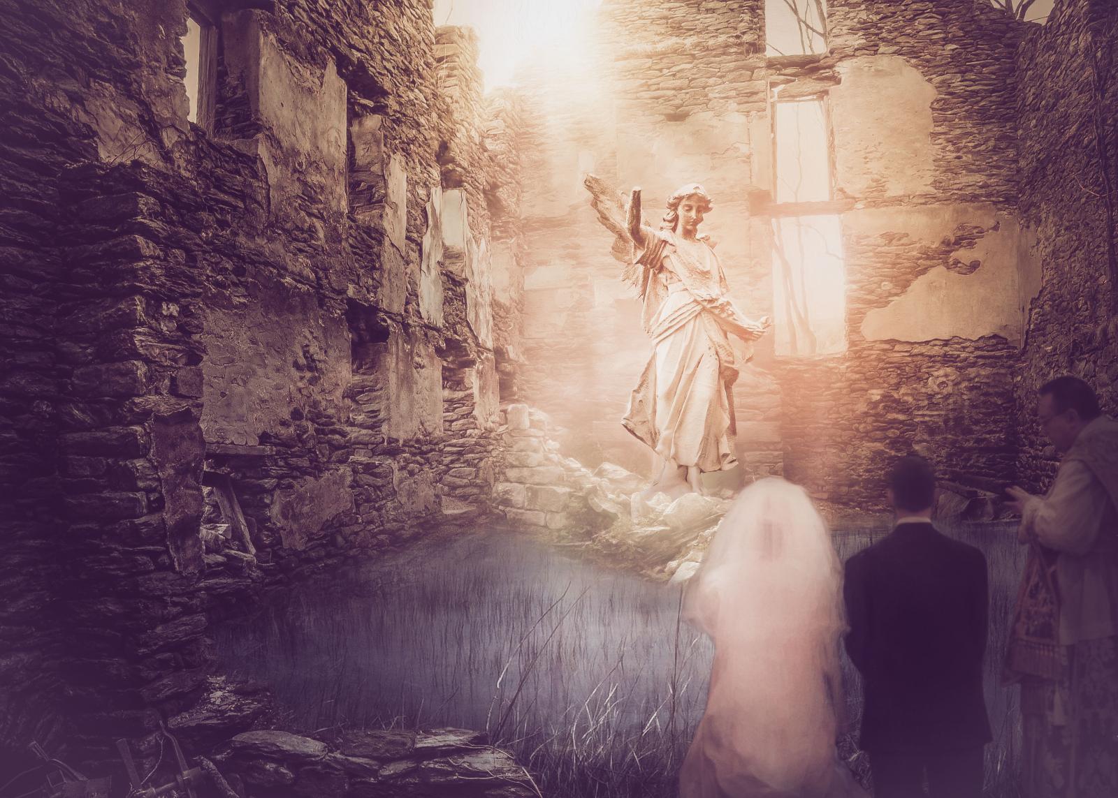 A composition that recontextualizes a 1996 photo of my forced marriage in a religious cult as a way to explore patriarchal constructs and Eurocentric religious archetypes used as mechanisms for control.