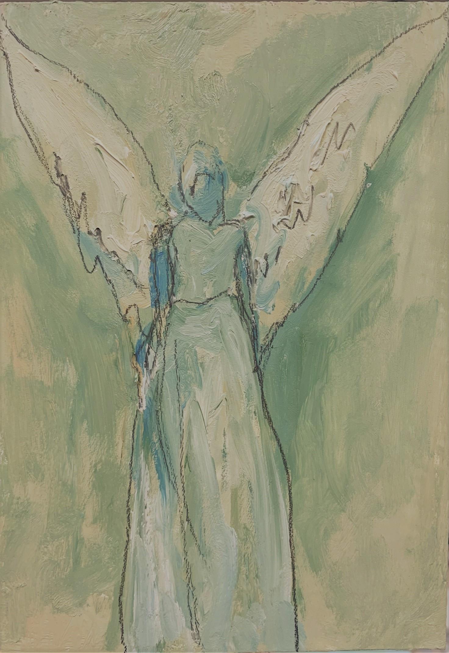 To see angels we have to go beyond physical appearance:
I was under the azure African sky and the sun baked down on my sweaty brow as I played in the garden of a friend. We were called to bring a drink of water to the gardener. “Not that glass, this is the one he drinks from…”. He was Black and we were Brown; in 1974 South Africa even a glass was relegated to race.
The impression on my young mind was that he was different and not equal to us; grew up in Apartheid South Africa and racism was the law.
The system of Apartheid has since been vanquished, and these memories haunt me.
I see our world evolving as we work on diversity, equity, and inclusion on so many fronts…
My voice is in my art.
In my studio my music bounces off the walls, I am listening to Zulu drums intertwined with the rhythm a waulking song, I keep up the pace with my brush as it swooshes and flicks against the canvas. Intermittently, I sway my hips to the beat of the music and consider color choices on my palette. The paint is thick with a gold leaf background. I scratch lines with my pencil for wings. Highlights here and there mimic folds of a robe. The results are expressionist with minimal touches. These are my Angel paintings.
As you look at my work, you will be surprised, even curious? My angels have no faces!?
Traditionally angels are depicted as outwardly idealistic and beautiful beings.
Culturally being an Angel represents the best of us.
Our best goes beyond what we judge outwardly on a face and body. Our best is the goodness in our hearts and minds. To see that in ourselves helps us to see it in others too.
Art is cathartic, it lets us look within and forces us to listen to ourselves, realize who we are and what we are about. Just as faceless angels represent inner beauty.
Art allows us to be open to new ideas and experiences. I hope the faceless angels challenge beliefs and encourages people to be open-minded. It helps us think, and realize that there is more than one way to see someone else and more than one solution to a problem.
Faceless angels hold us to a higher standard, when we go beyond traditional idealism, we face the realities of 2022. There are certain unknowns. What is the best that we can do when we pass the baton to the next generation?