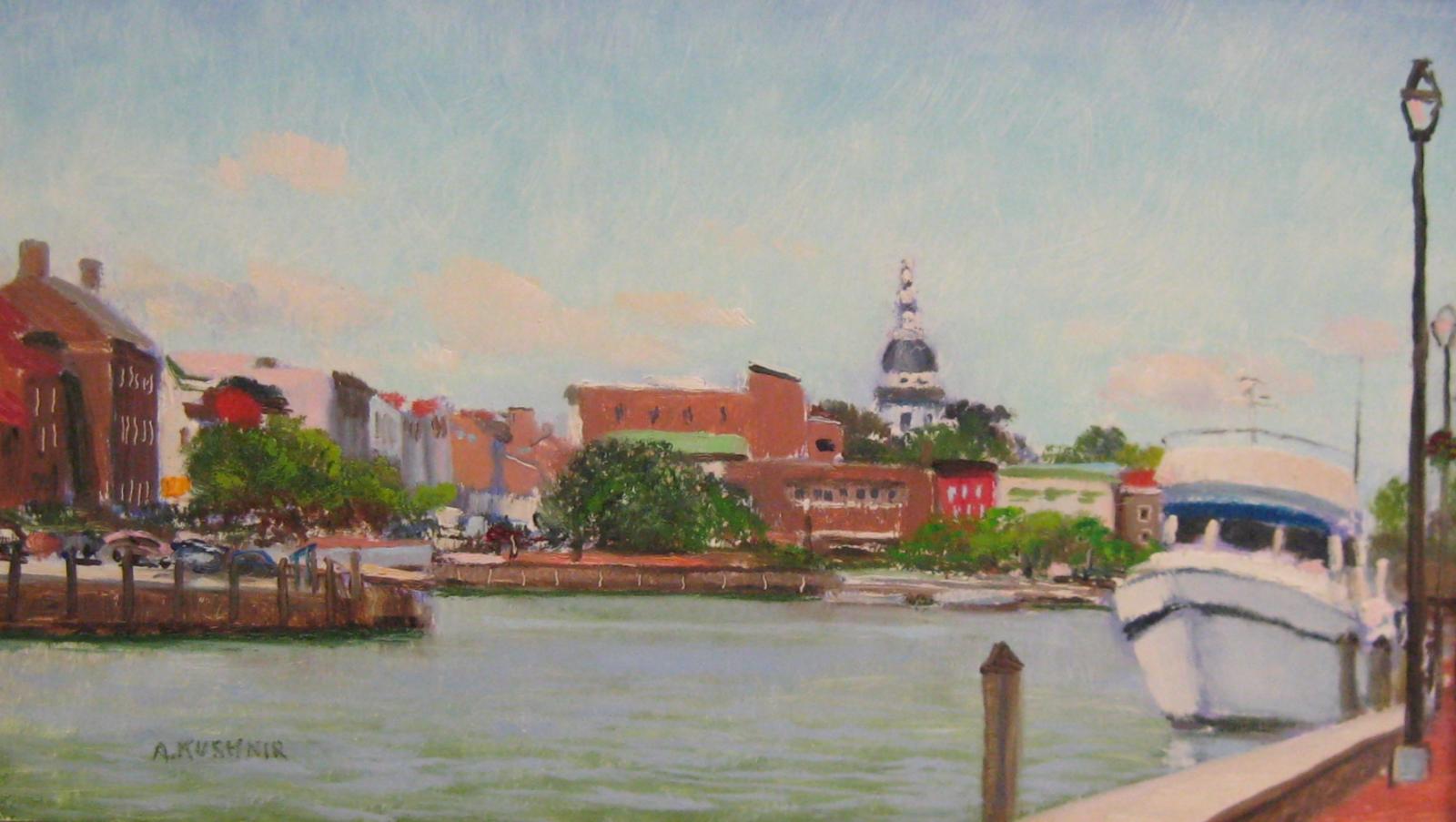 Oil painting depicting Annapolis Harbor, with State Capitol in background.