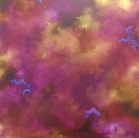 This piece is done in shades of purple and metallic gold paint. It deals with the idea of layers and memory, how the brain fires -- one memory leading to another. Some memories are hazier, some very crisp. Because of the use of metallic paint, the image appears differently, depending on how the light hits it, or where you are standing.