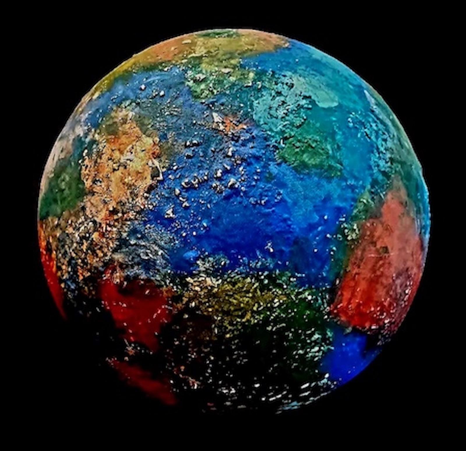 Ceramic sphere made to simulate tectonic activity with oceans and continents. This could be earth at another time in its history, or another world found in this or another galaxy. The combination of tectonic activity and large standing bodies of water have set the stage for the evolution on earth, ultimately leading to atmosphere, circulation patterns that give weather and distribute heat over the planet, and ultimately, life. Many colored underglazes are layered to give this piece a very nice finishing touch. Very rare piece, very finely crafted.
