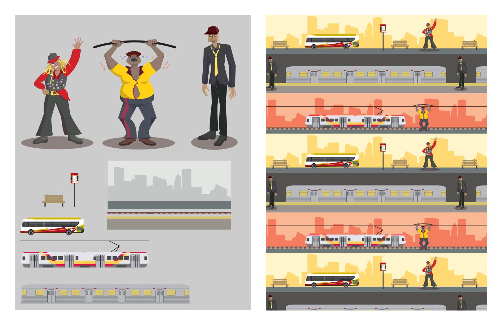 An all around fun project! I completed this for my Digital Illustration class in college. We were directed to create patterns and characters in Adobe Illustrator, so I chose the three modes of public transit in Baltimore City: bus, light rail, and subway. I had lots of fun with this project because it pushed me to work in a style that's different from what I naturally do.