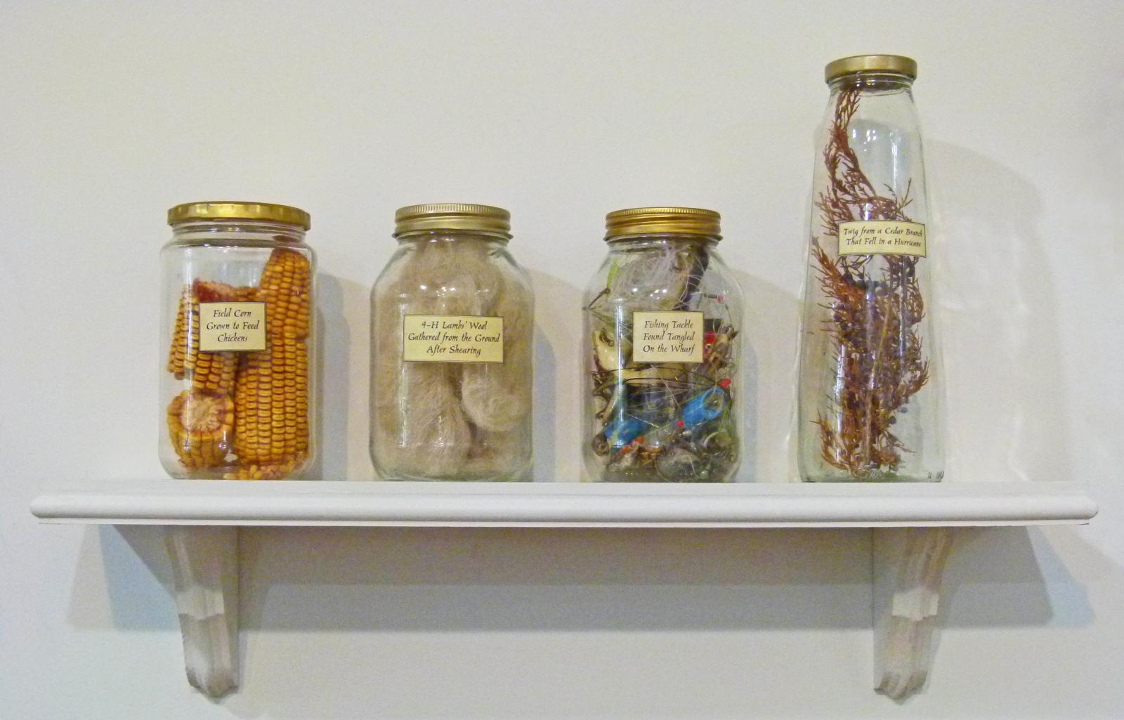 Ongoing work featuring materials found on a riverside farm in the Chesapeake region preserved in labeled jars. Jars now number over 100.