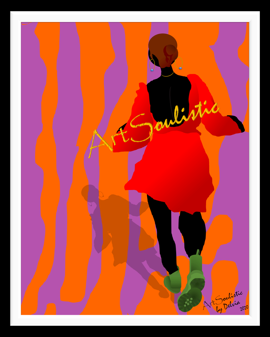 2D Canvas with black wood frame. Ready to hang.