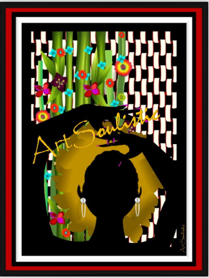 2D Canvas with black wood frame. Ready to hang.