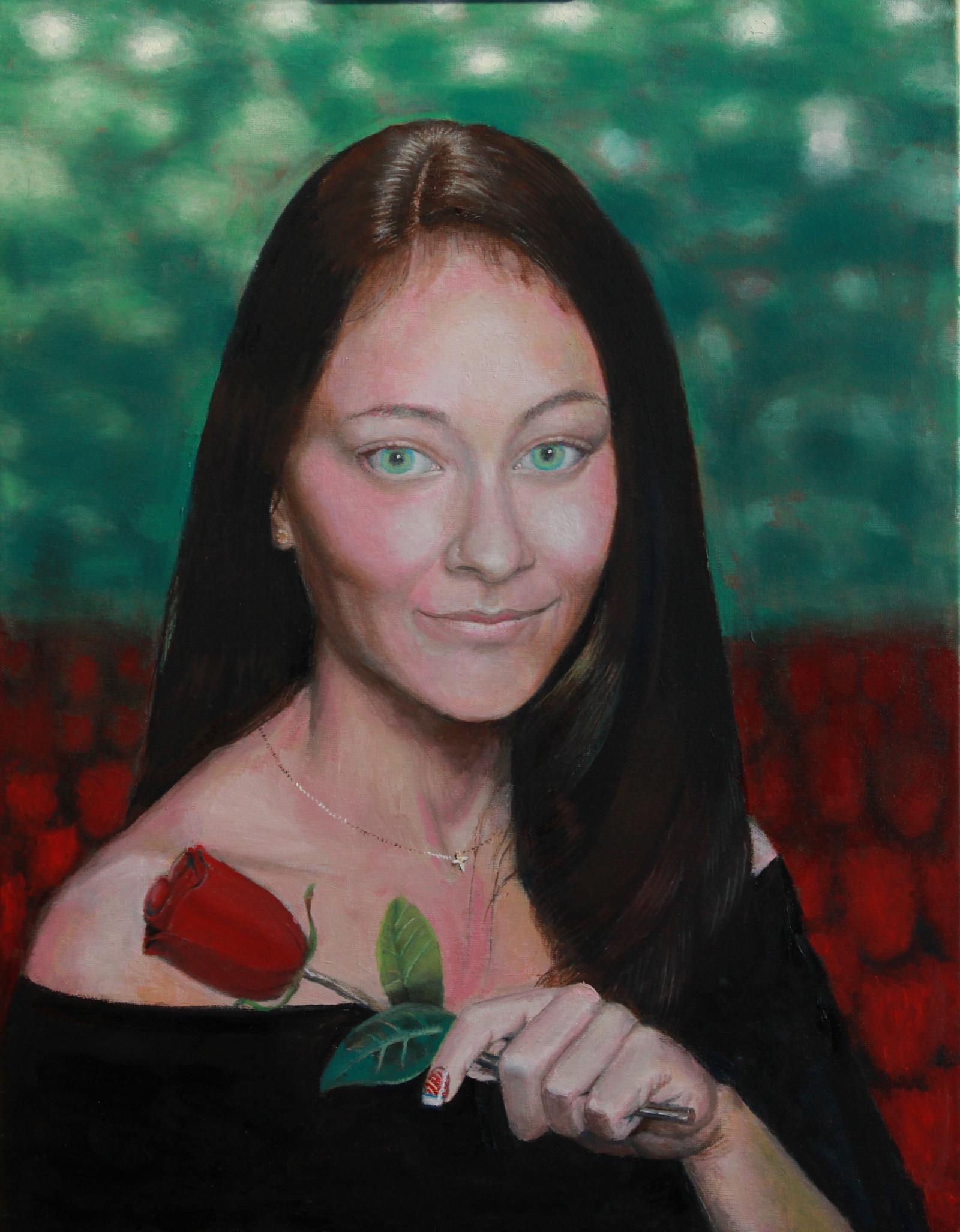 This original artwork depicts a young woman holding a single rose in a field of roses.