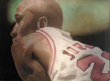 This is a picture of Michael Jordan resting between plays leaning over with his hands on his knees.
