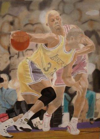 This is a picture of Magic Johnson going to the basket on Dennis Rodman