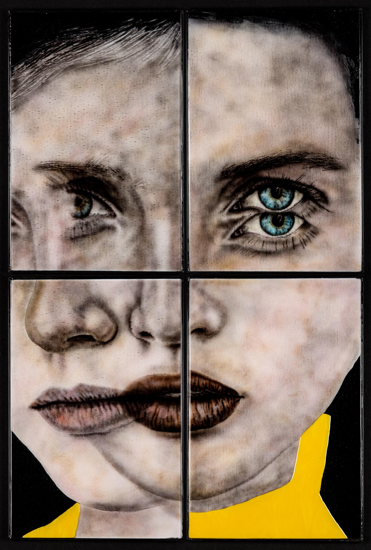 Glass powder imagery creates this four (4) part work. At the core of my artwork is pure portraiture, but great focus on the disharmony of the self and perception. Pressures from society and the toll it takes on one’s emotional state are featured and the familiar is fractured and distorted by outside influence. I use the frit powder imagery as means of immersion into an emotional tenor. Recently, the world has changed so much that it has become a surreal experience. Feeling disconnected from all sense of “normal” creates a disconnect from one’s environment, as well as from our body and thoughts. We have come to feel that we are someplace else, in some other time, waiting for the moment when we are part of the world again.