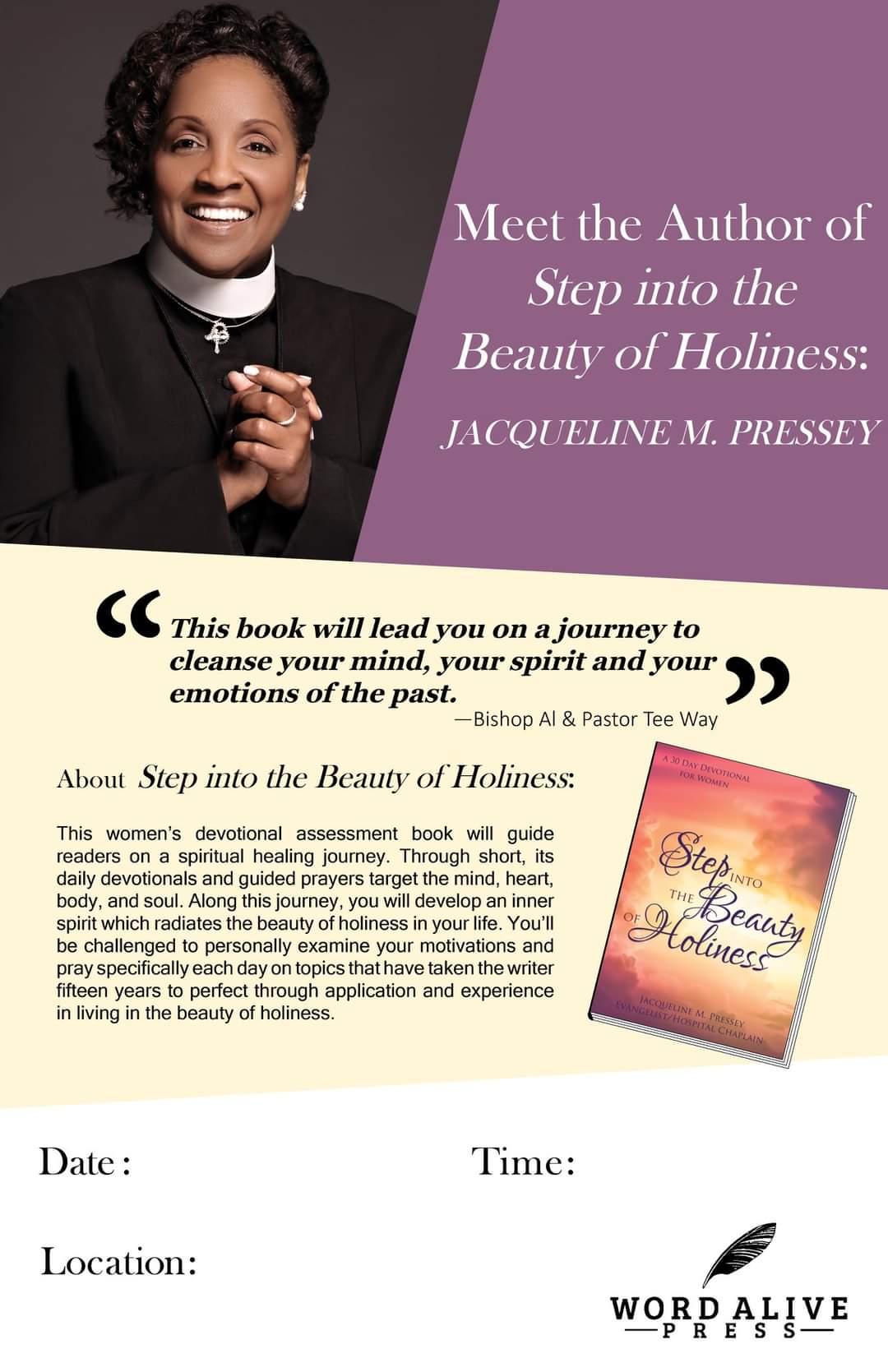 Walk through the healing process the wellness way! 

     This women’s devotional assessment book will guide readers on a spiritual healing journey. Through short, daily devotionals and guided prayers targeting the mind, heart, body, and soul, you will develop the inner spirit which will radiate the beauty of holiness in your life. You’ll be challenged to personally examine motivations and pray specifically each day on topics that have taken the writer 15 years to perfect through application and experience in living in the beauty of holiness. (Word Alive Publishing, 2017)