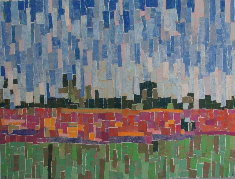 Autumn inspired a small oil painting which I used to make this interpretation of the richly lit fields, using paper that I color. The strokes of paint become bits of paper.