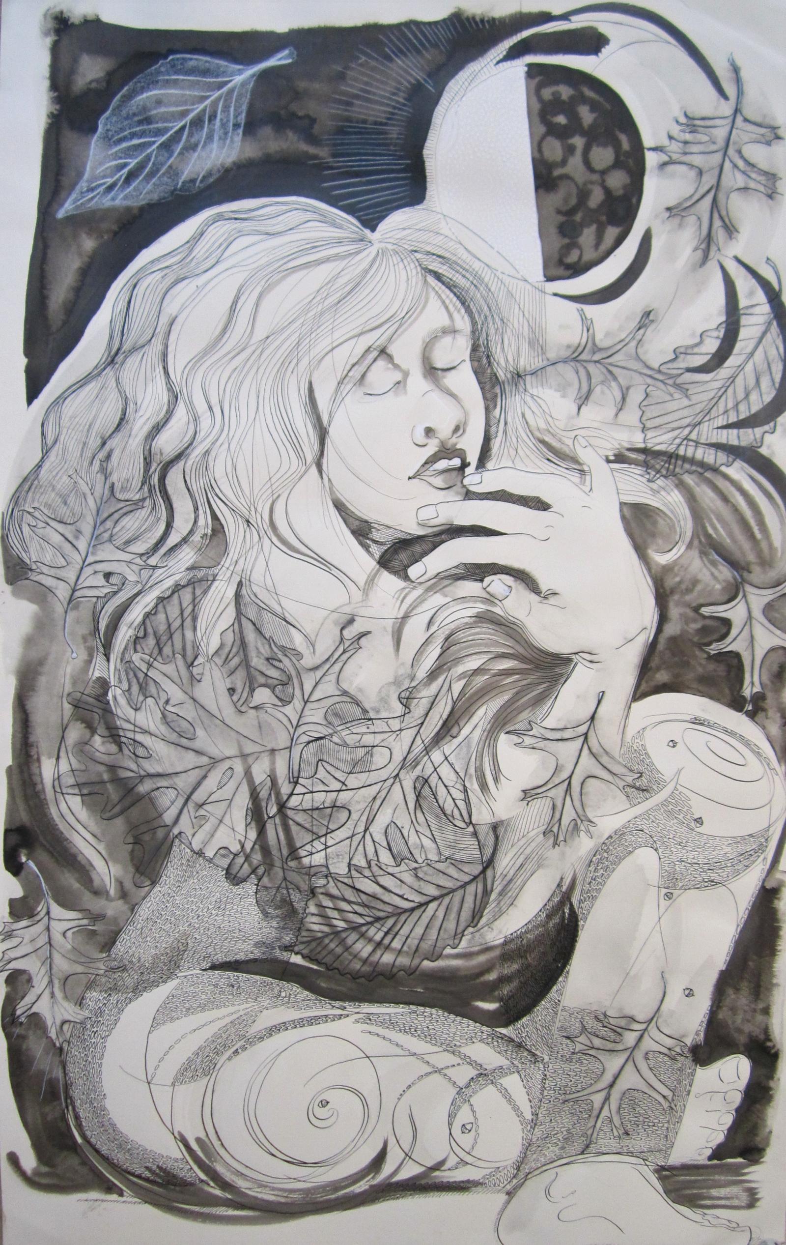 Ink drawing of a seated woman using pen, wash, brush and layering