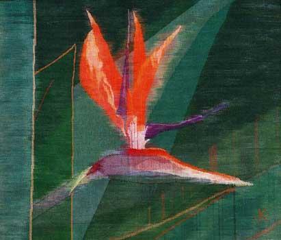 Fiber, Handwoven, dyed linen woven in tapestry-twill technique with cotton and linen, the flower almost flies from the fabric created