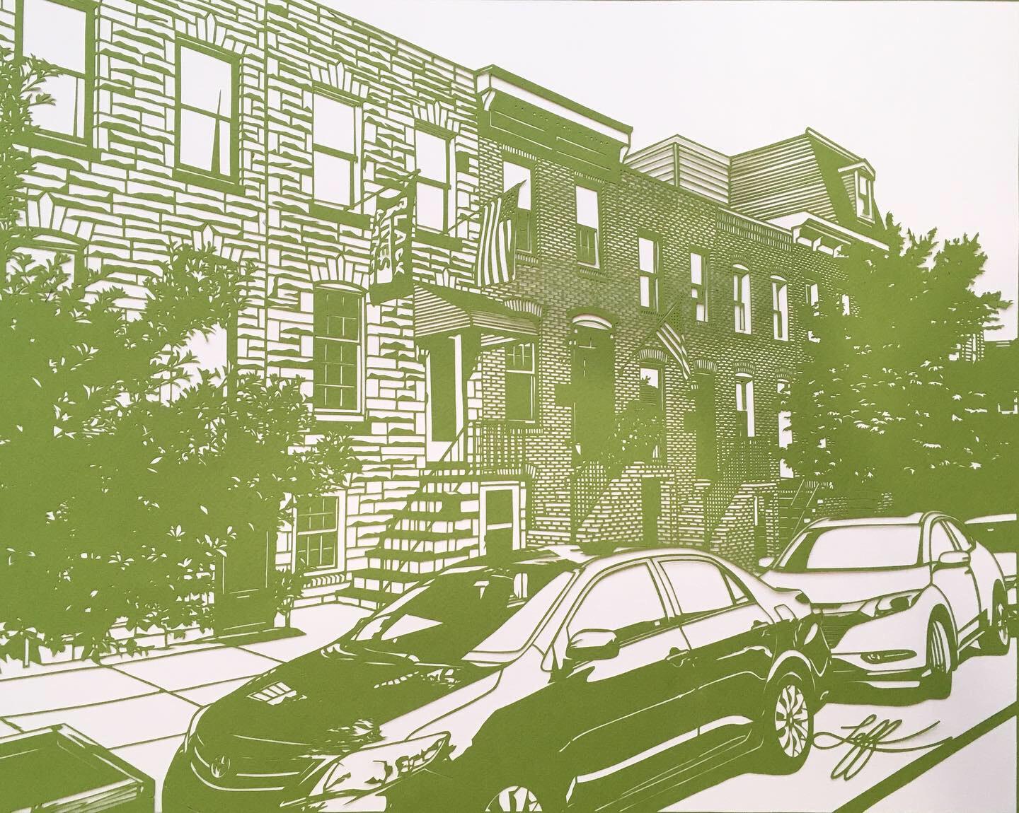 This very sarcastically titled piece is hand cut from a single sheet of green paper. It is based on a photo I took right here in my own neighborhood, Riverside.