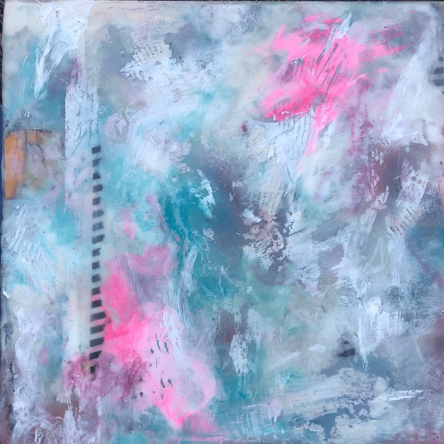 Vibrant bursts of color and collage embedded in layers of wax.