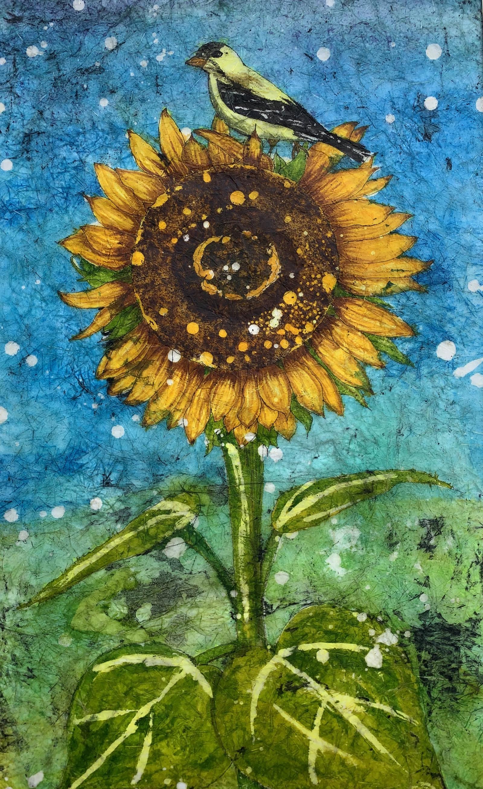 This watercolor batik painting is part of a series of work that examines the relationships between pollinators, plants and people.
