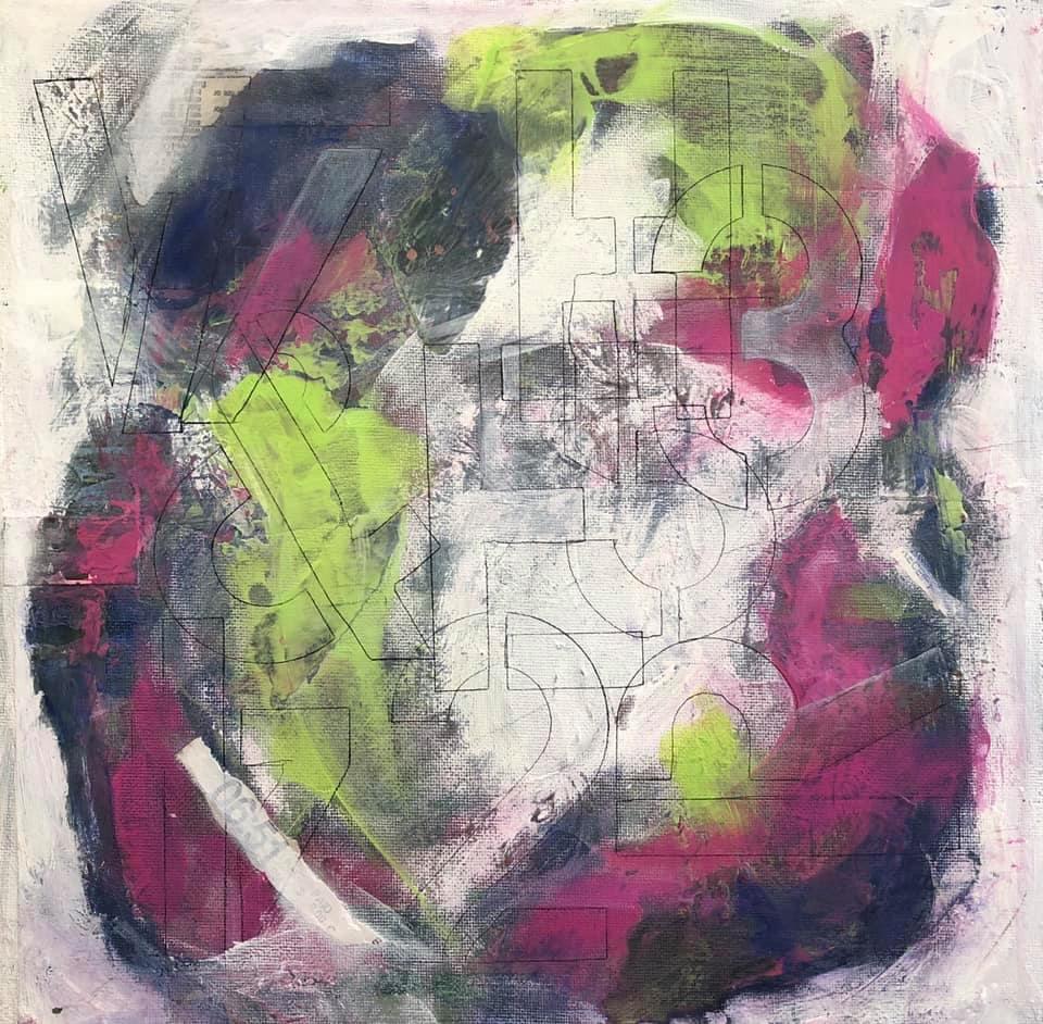 Vibrant sweet colors in a storm of letters and numbers. Cradled board. Companion piece, Sweet Hurricane 1 is also available.