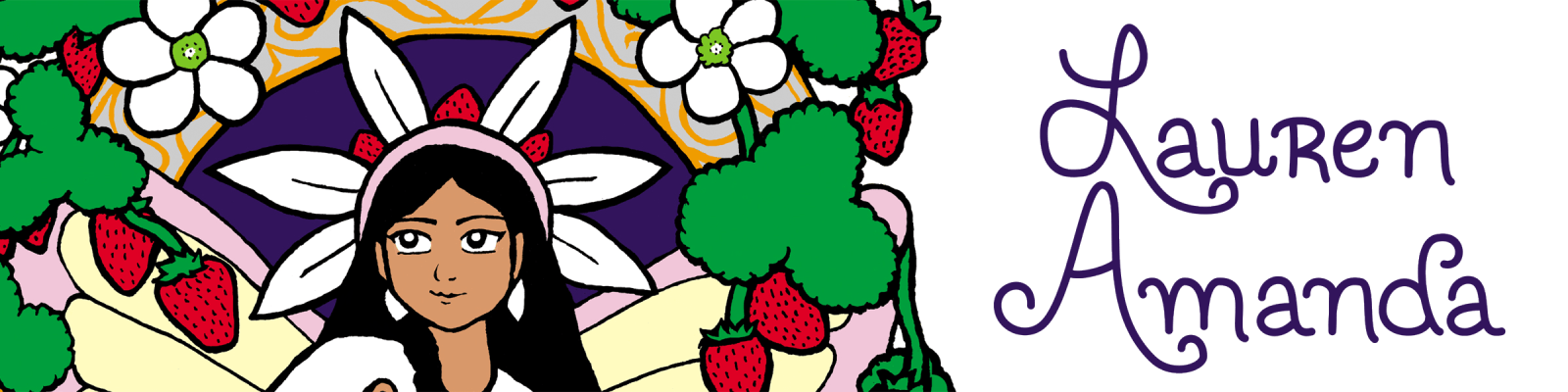 Banner for my RedBubble Art Shop. Font is based on my own handwriting. The image is a close-up of the digital version of my Strawberry Fairy of the Native American Indigenous Flower Fairies series.