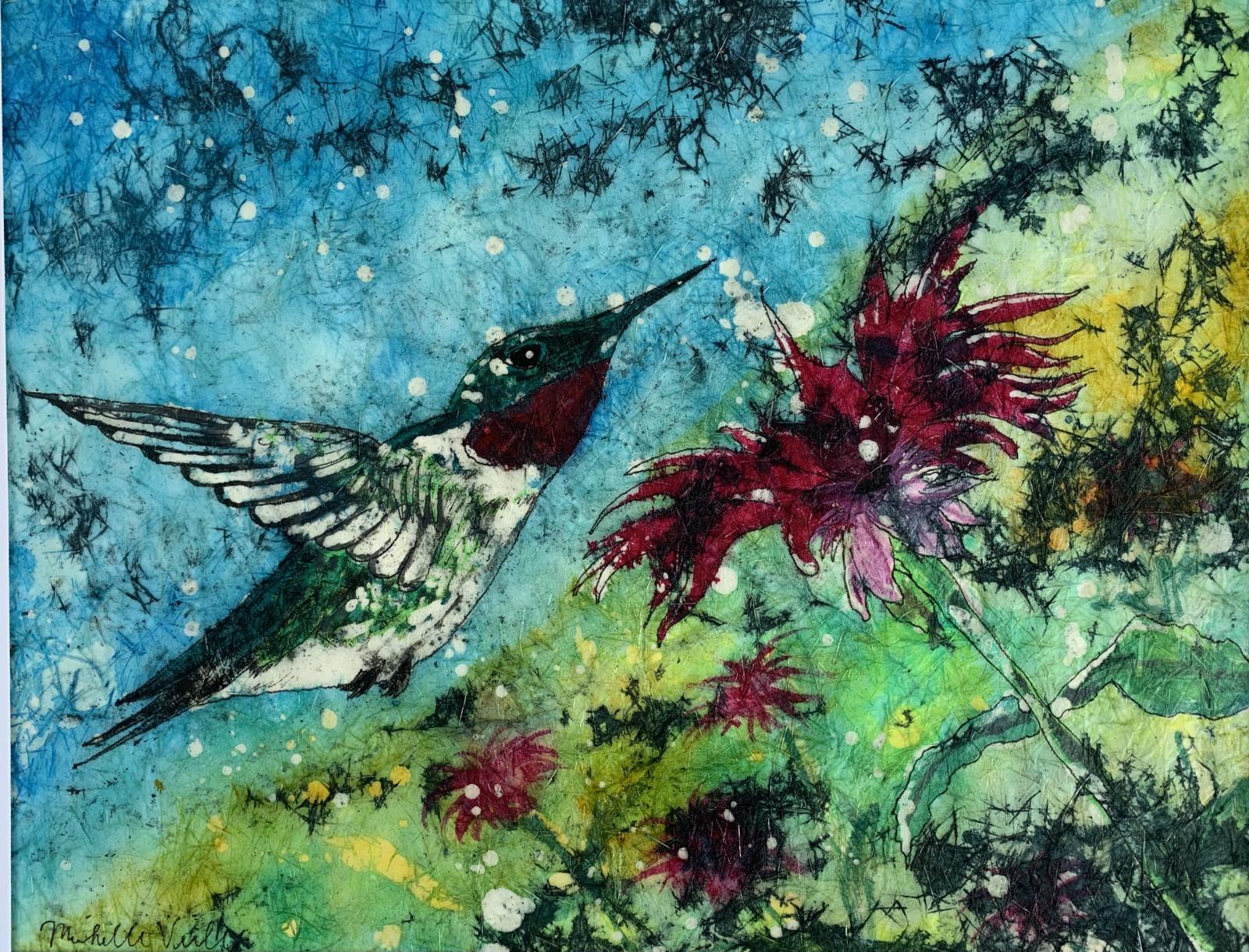 Part of a series about the relationship between pollinators, people and plants, this painting is of a ruby throated hummingbird feeding from a bee balm plant.
