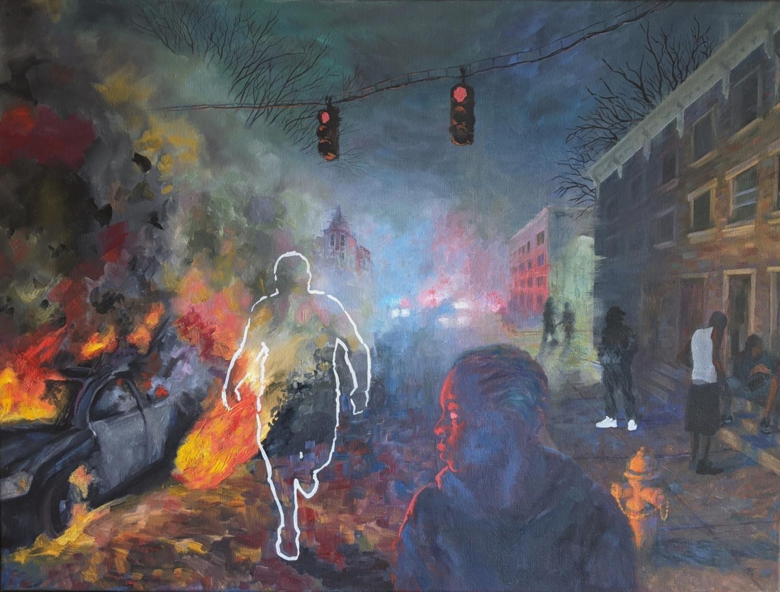 A scene depicting unrest in Baltimore after another citizen is killed by police.