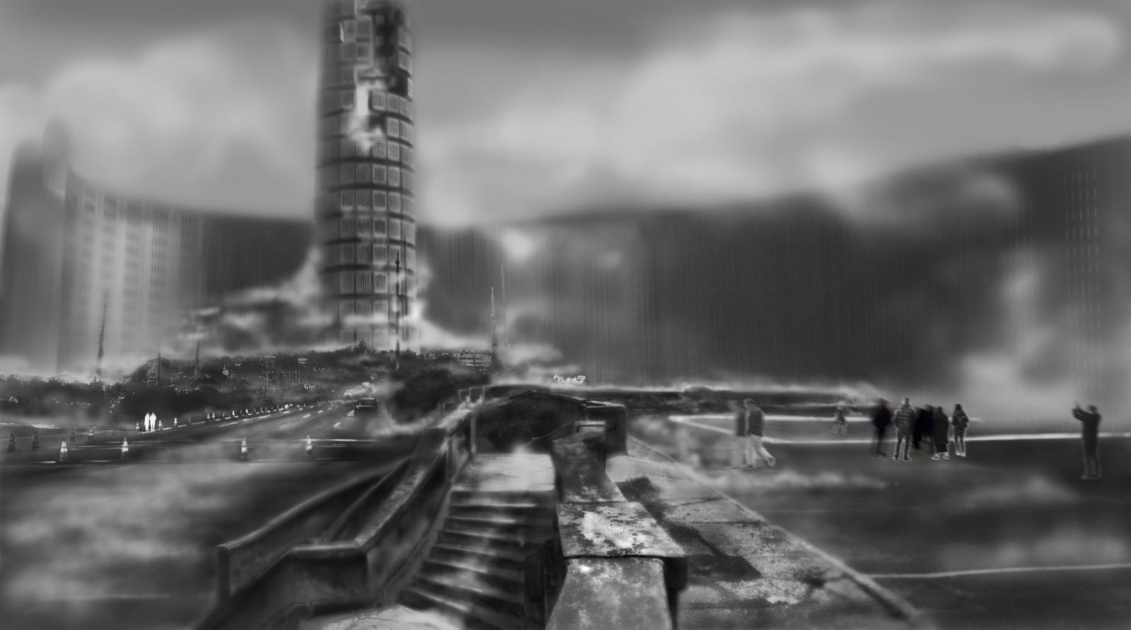 Digital drawing created by collaging photographs, 3d models, and digital drawing.