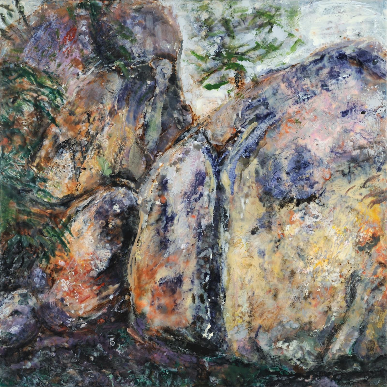 Encaustic painting referencing boulders at Big Bear Lake