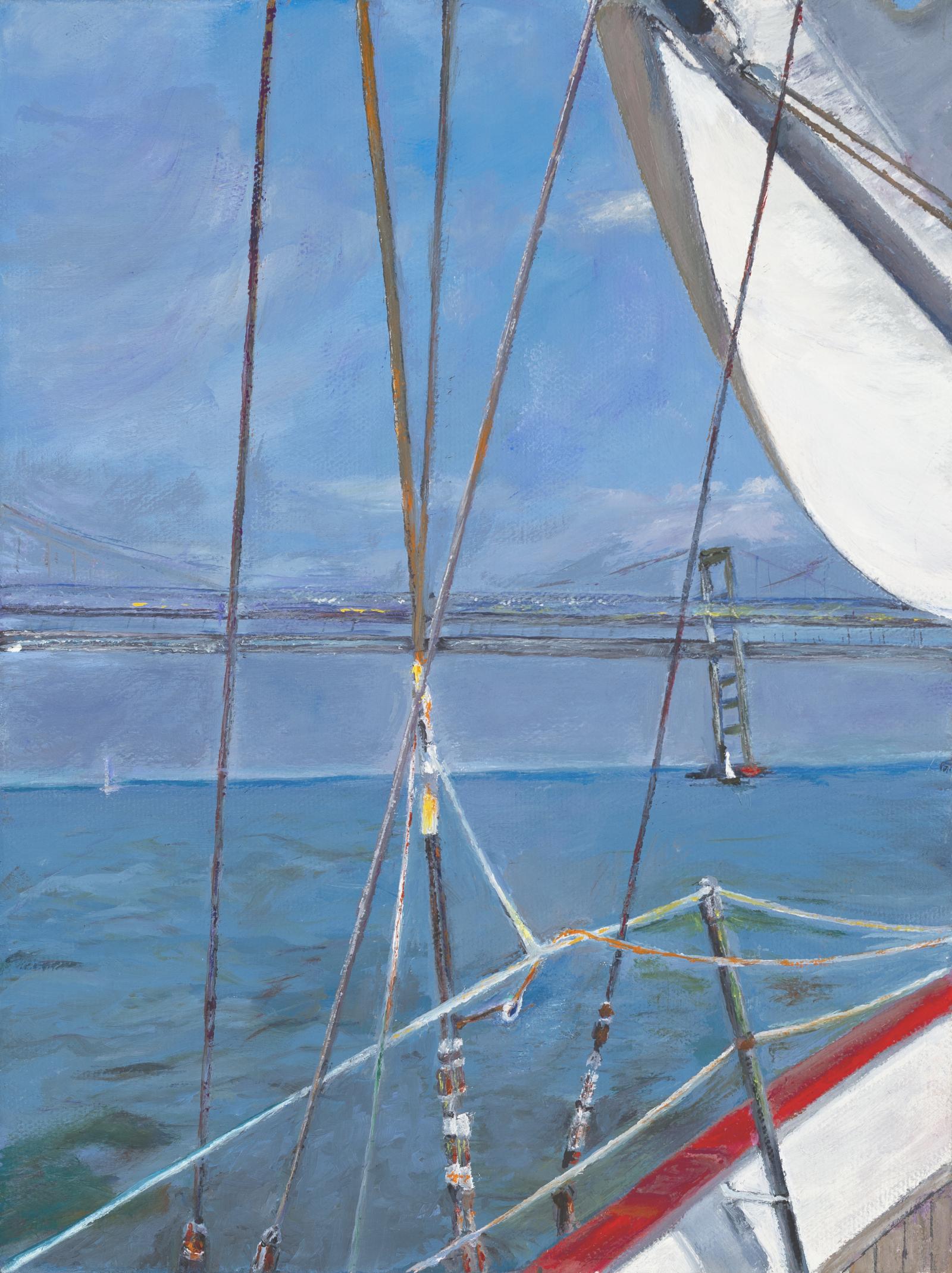 Focussed view of bridge from the point of view of someone on the boat looking in a certain direction.