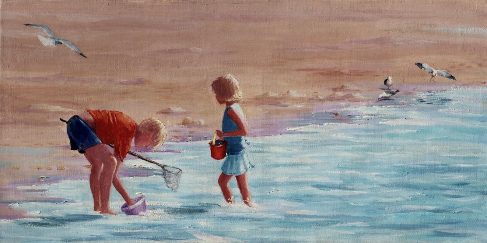 Beachcombers is an oil painting about two siblings beachcombing along the Chesapeake Bay.