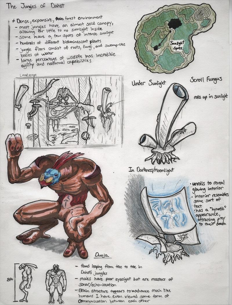 This a journal page depicting the jungles of planet Dahst.