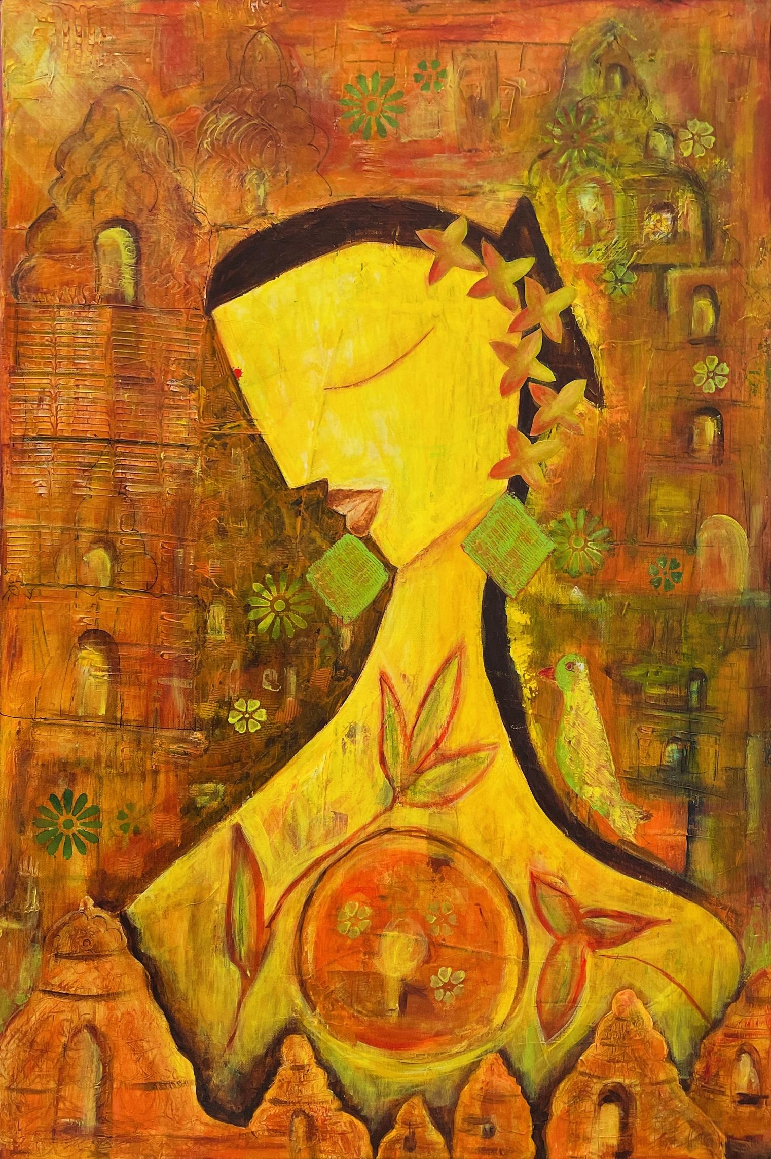 The Divine feminine is favored and familiar subject I paint, she has an inquisitive parrot perched on her shoulder. The serene expression on the woman’s face and the ease with which both creatures negotiate the shared space suggest a sense of harmony and balance.