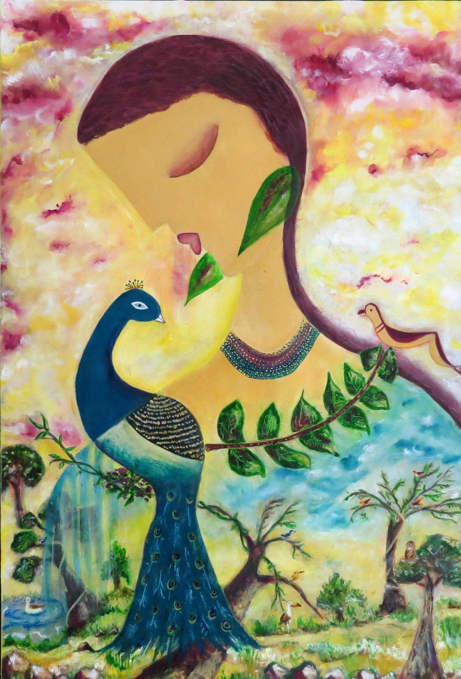 This painting reflects Art as healing. After facing cancer, I returned to my creative path not just to make art—but to reclaim joy, softness, and meaning. This piece is both a whisper and a roar: a reminder that beauty can bloom even from broken ground. She finds calm and serenity in Natures embrace and whispers of love in the sounds of the birds singing. The birds also symbolize freedom the freedom of the spirit and the leaves symbolize resilience.