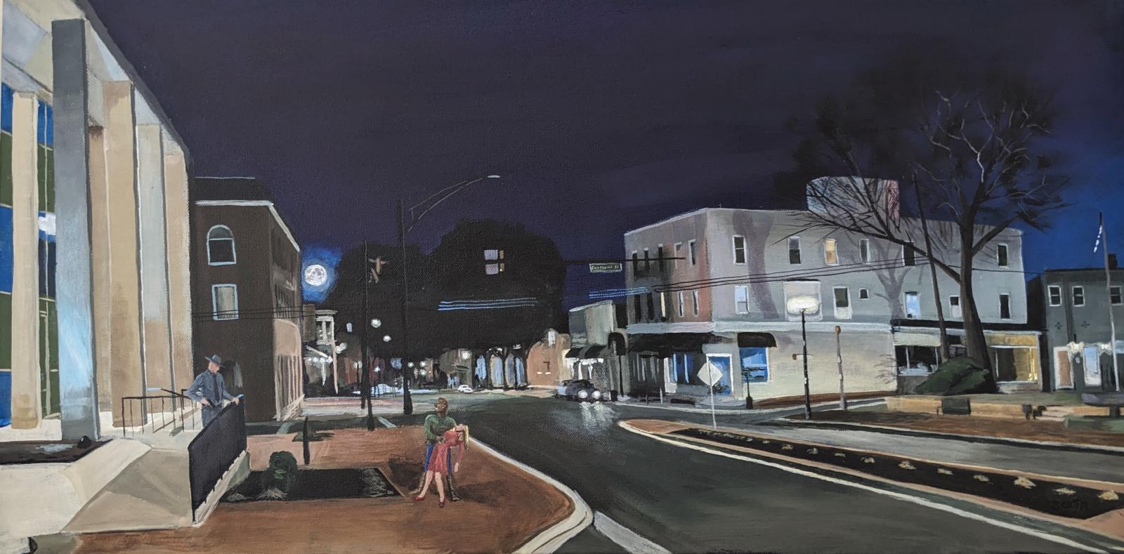 This is a humorous painting inspired by the old Universal Monster Movies that were shown on TV when I was a kid growing up in Cumberland, MD.   I tried to accurately depict downtown Bel Air.