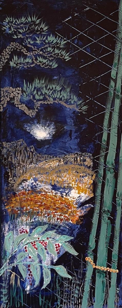 Abstract painting on canvas inspired by the Japanese New Year tradition of placing an arrangement of pine, bamboo and plum ("kadomatsu") bound by rope at the entrance to a dwelling.