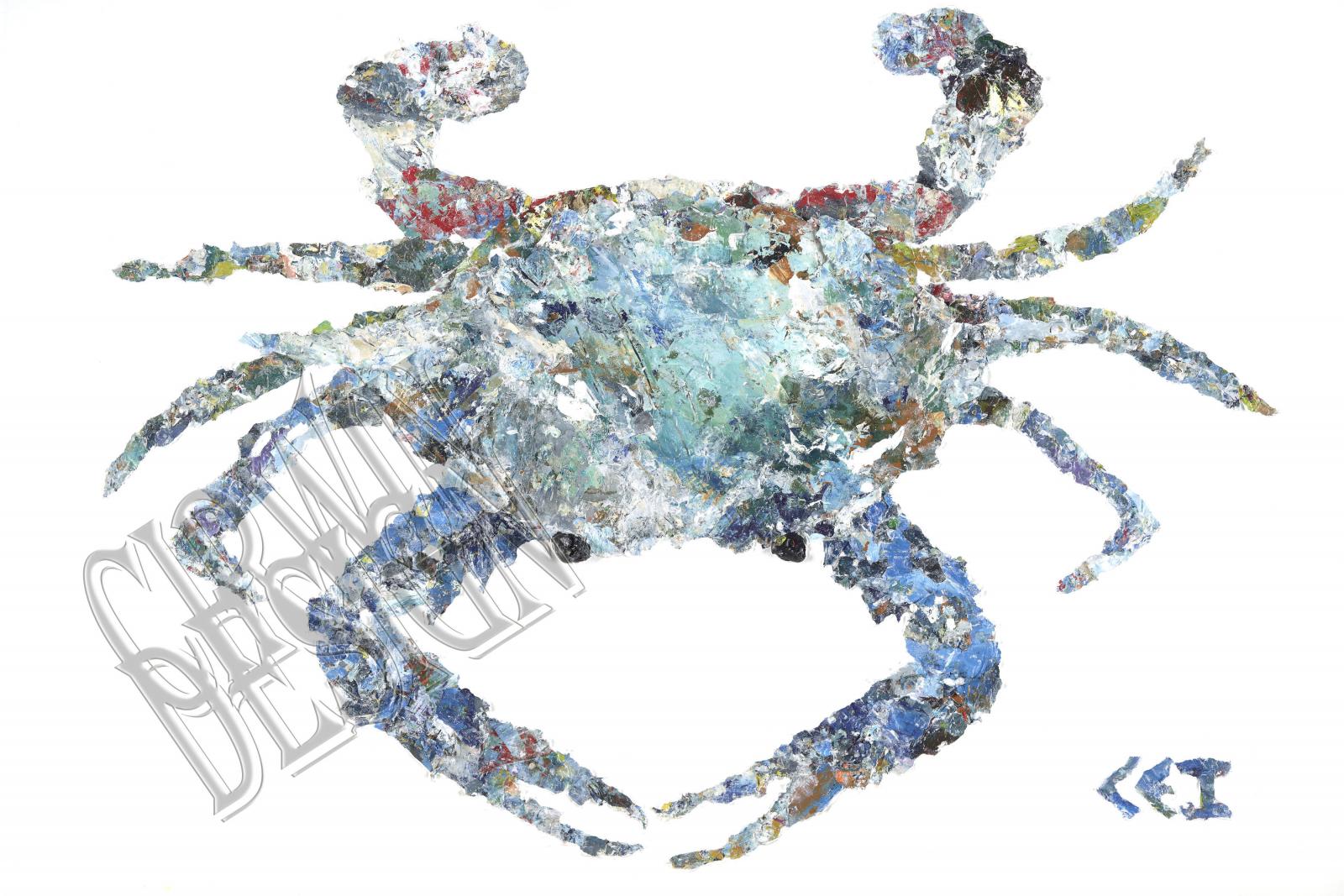 Using leftover paint and not wanting any to be wasted, I was able to put together this "painting" of a blue crab.  Big Blue has a modern edgy design of multiple colors splattered within the blue of its shell.