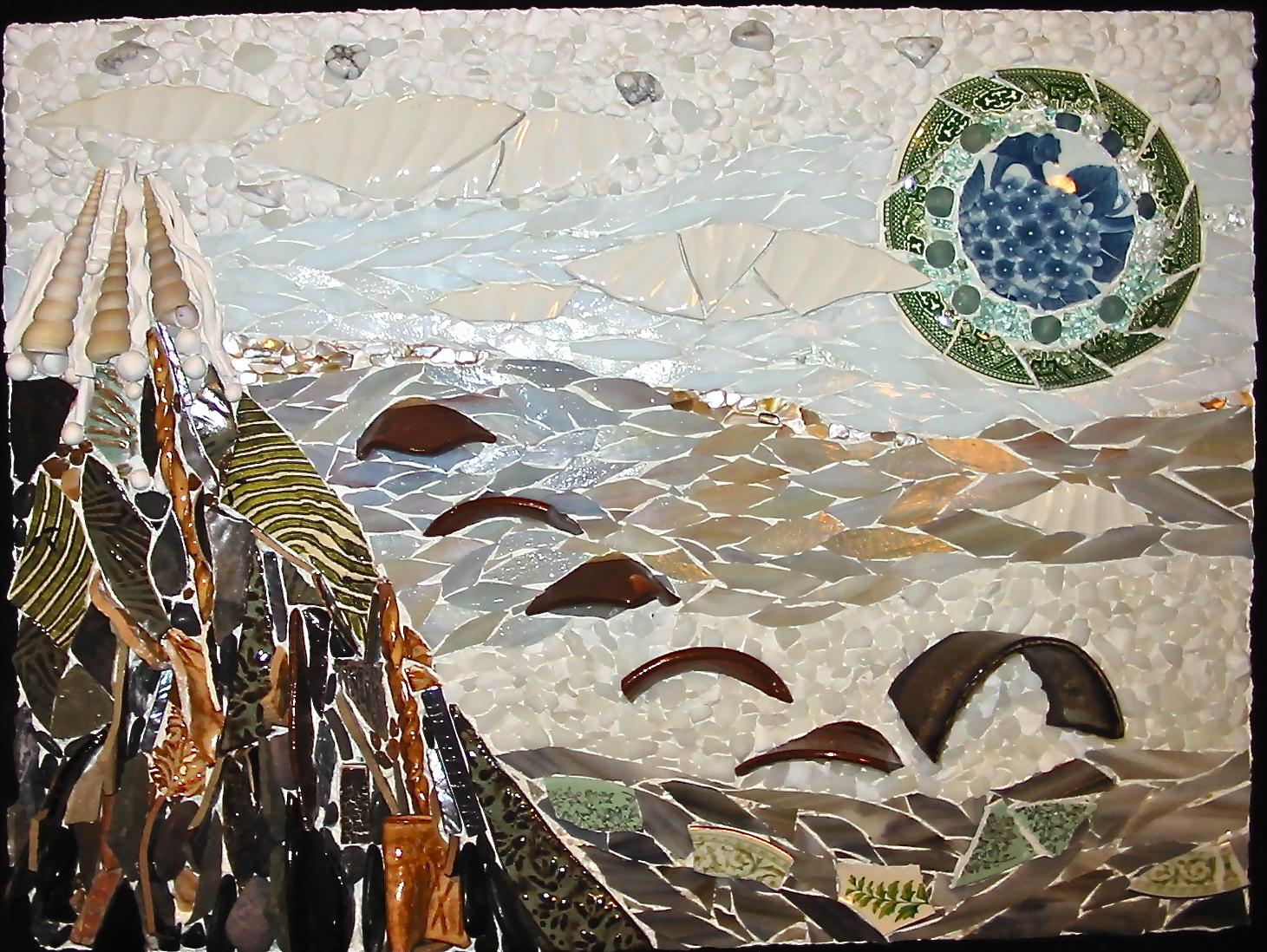 Mosaic using ceramic, shell, stone, and glass