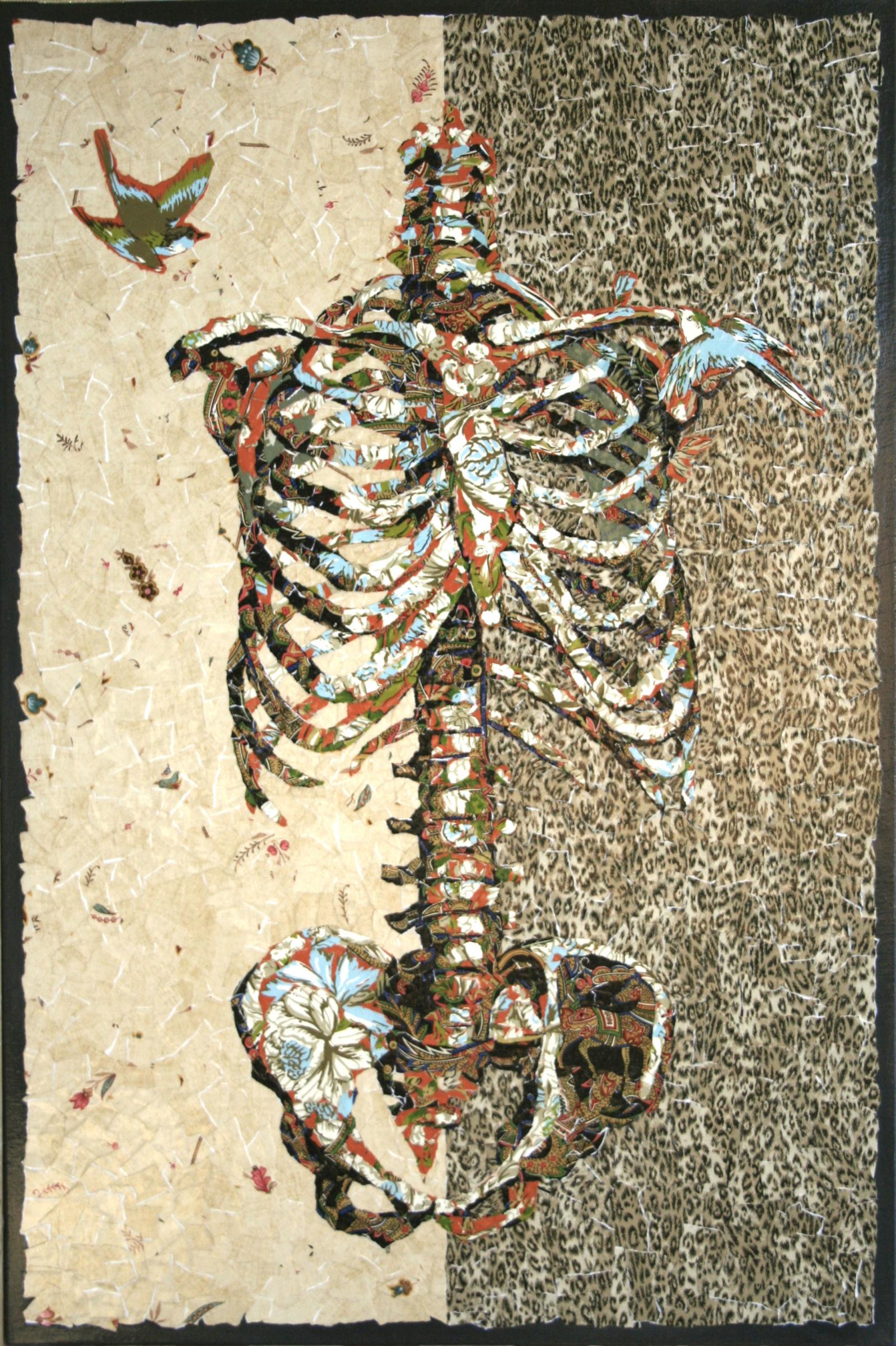 "Bird Cage" depicts the mosaic like image of a human skeleton torso on a vertically split background of ripped gold wallpaper on the left and ripped leopard print on the right. Flying around the rib cage are two blue birds looking for a place to nest. From a distance one sees the image of the skeleton but as the viewer gets closer small juxtapositions of torn wallpaper become visible. The piece references life, death, society and anatomy. 