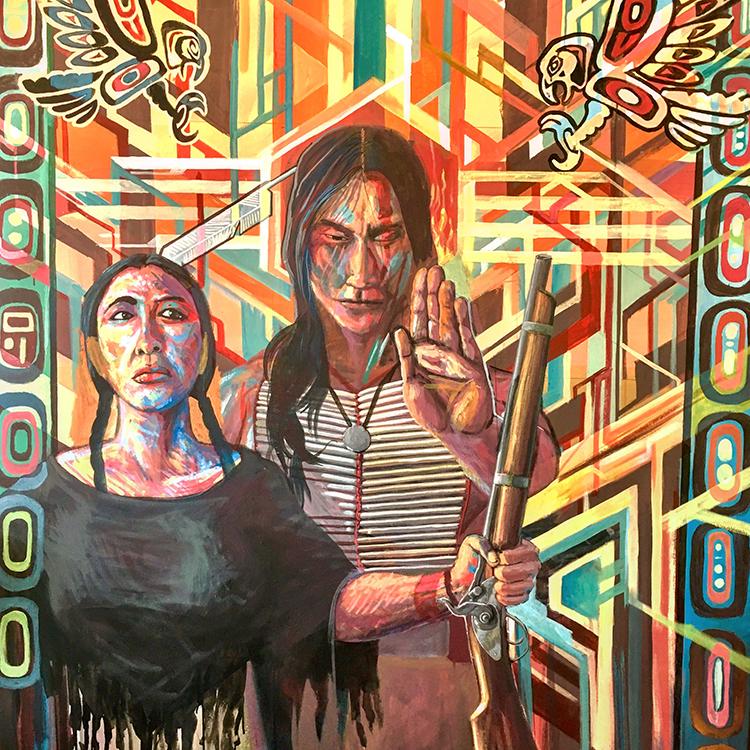 Lakota Legend Crazy Horse and his wife. Although my ancestry is Cherokee, I feel a deep connection to Crazy Horse and the eternal struggle of all native peoples. The patterns and colors are imbued with a spiritual power that I harnessed for inspiration