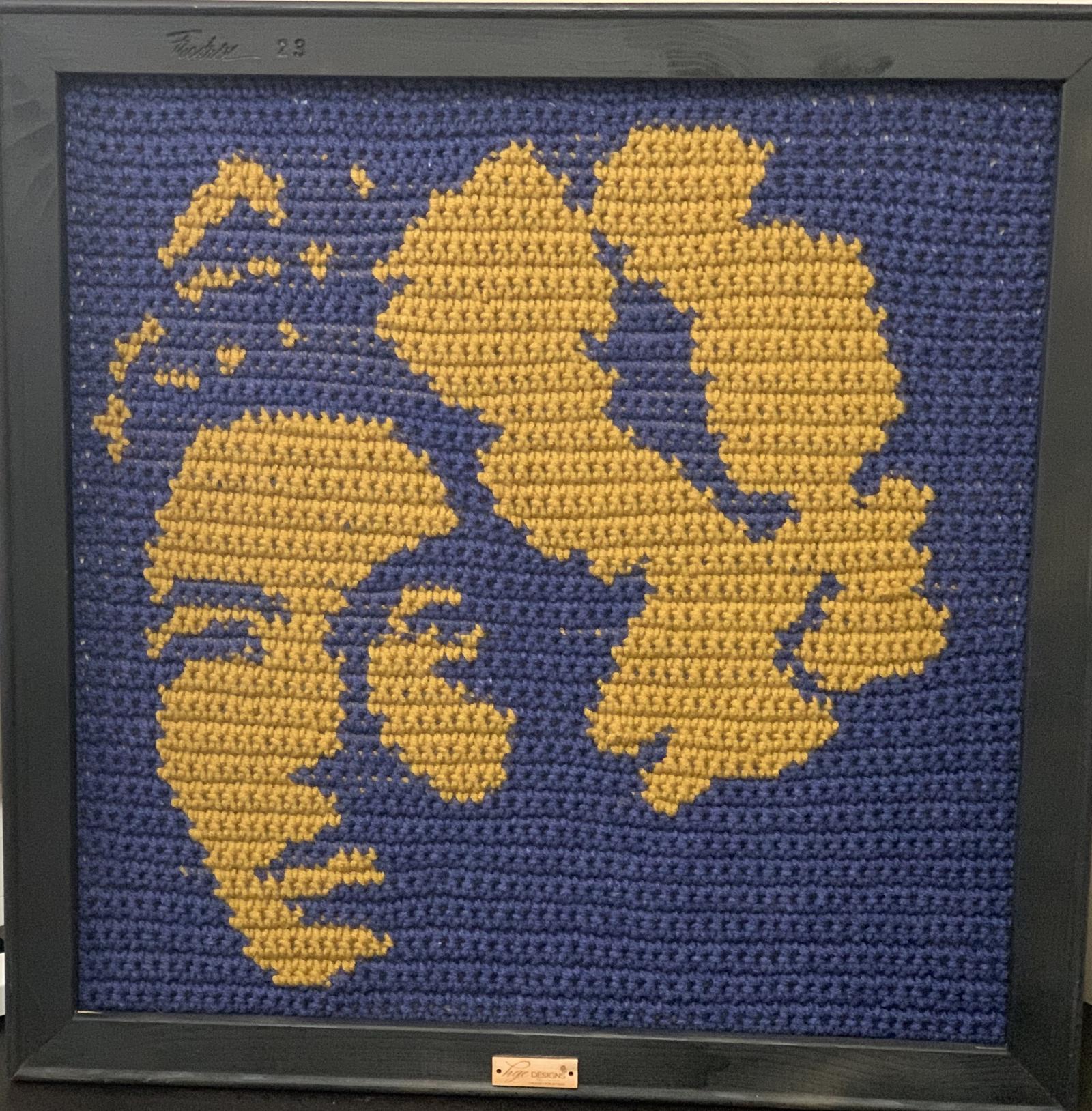 Hand crocheted portrait of the late Billie Holiday. This portrait is made from wool fibers.