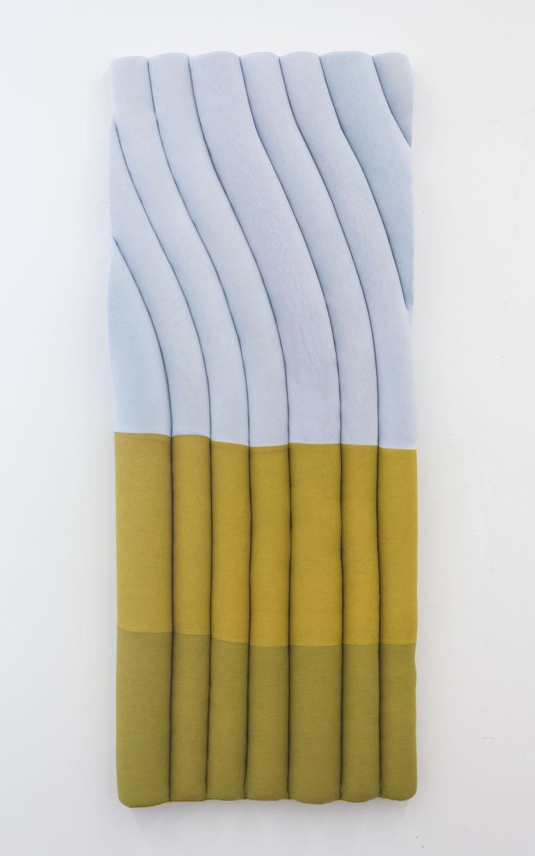 Fabric is hand-dyed using MX and soda ash. It is stretched over foam pool noodles to create its shape.
