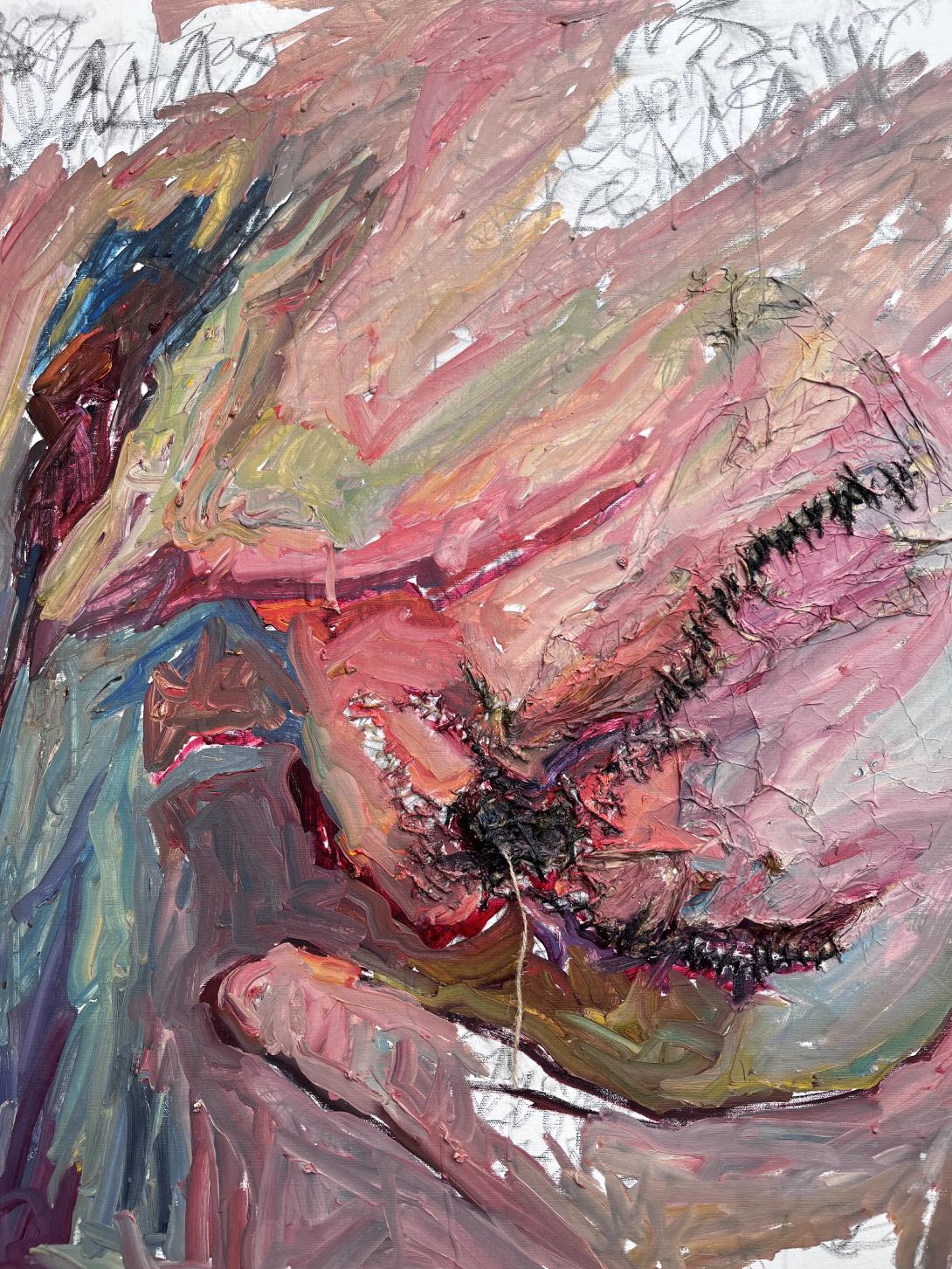 In 2022 Deborah Tomlin was diagnosed with breast cancer from a routine mammogram. Tomlin underwent treatment which consisted of three different surgeries including a bilateral mastectomy. Recovery from these surgeries required her to examine herself closely to integrate the new physical and emotional self. In Breast Cancer Series #1 and Breast Cancer Series #2, Tomlin chooses to paint her scars and unfamiliar body, the evolution of acceptance of a new self without the curve and weight of breasts. Painting on top of overflowing and overlapping text expresses her grief and anger. Stitching directly on the canvas with yarn and thread reframes Tomlin's sutures and scars through the lens of darning and mending, traditionally women’s work, transforming an object ripped and torn into a material stronger and more beautiful by the act of repair.