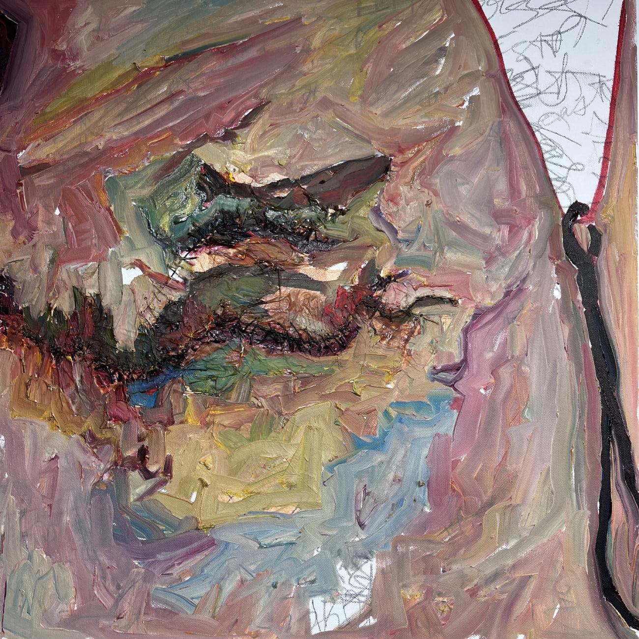 In 2022 Deborah Tomlin was diagnosed with breast cancer from a routine mammogram. Tomlin underwent treatment which consisted of three different surgeries including a bilateral mastectomy. Recovery from these surgeries required her to examine herself closely to integrate the new physical and emotional self. In Breast Cancer Series #1 and Breast Cancer Series #2, Tomlin chooses to paint her scars and unfamiliar body, the evolution of acceptance of a new self without the curve and weight of breasts. Painting on top of overflowing and overlapping text expresses her grief and anger. Stitching directly on the canvas with yarn and thread reframes Tomlin's sutures and scars through the lens of darning and mending, traditionally women’s work, transforming an object ripped and torn into a material stronger and more beautiful by the act of repair.