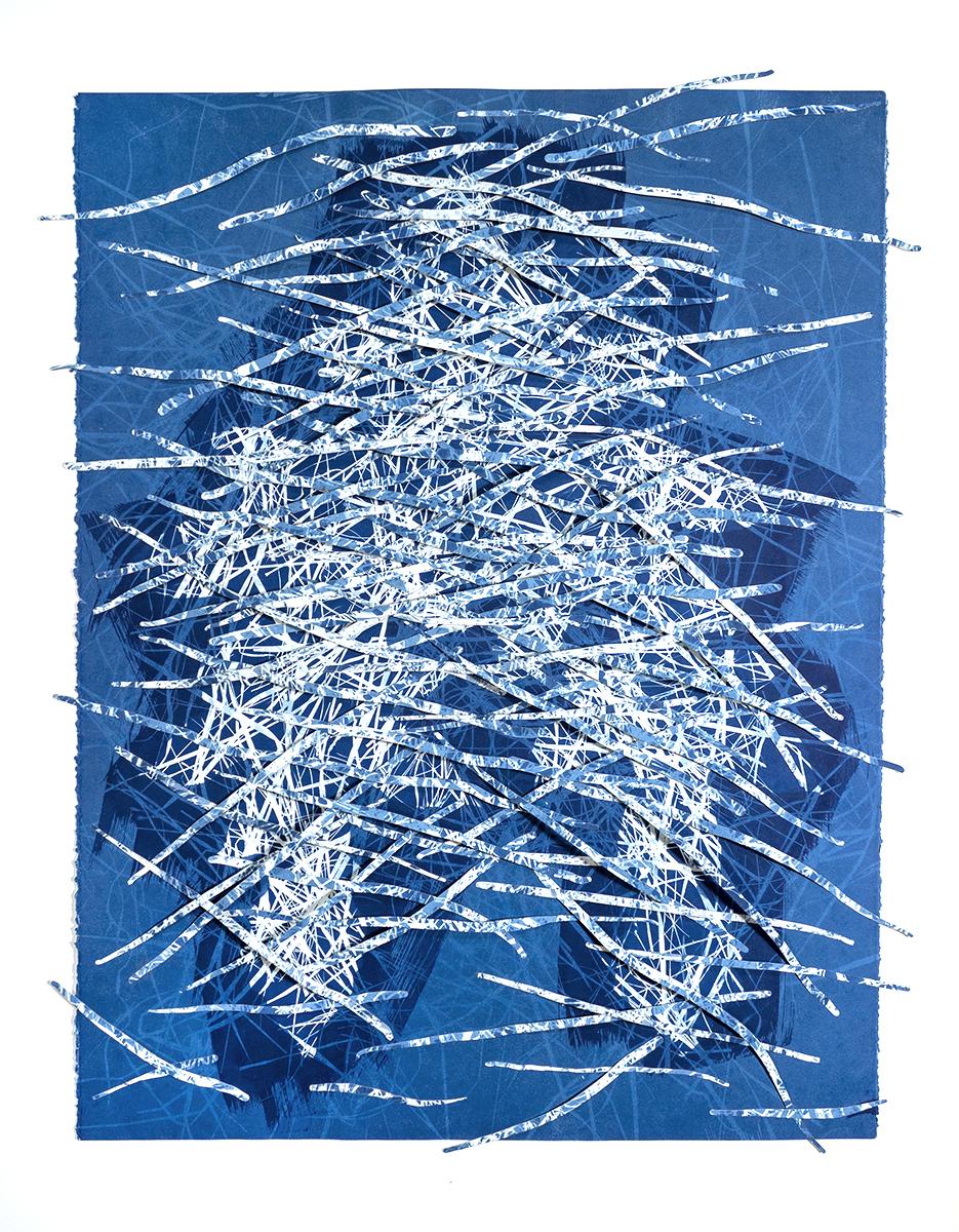 This artwork is part of a series titled, Keeping Pace. It is a series of paper-based works that build collaged imagery resembling nervous and respiratory systems. They are created through a cyanotype photographic printing process where tree leaves and other foliage are exposed to the sun on chemically coated paper to create cyan-blue prints. The process of cyanotype printing with multiple exposures is slow, repetitive, and laborious. The process is itself healing. It is a tool to get the body moving while also giving time to reflect on the interconnectivity of the body and the land it inhabits.