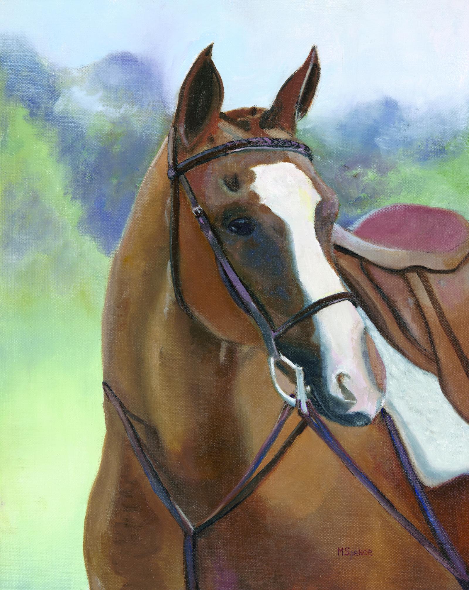 Brightly Shining is a rescue Thoroughbred described as "She will never make a good horse for anyone,,,no one will want her...no one will ever be able to train a wild horse like her..." They were wrong. She was taken home by horse owner and trainer Mike Keech, who was able to gently nurture her day after day with no expectations for nearly a year. The two bonded. Mr. Keech was able to train her resulting in Brightly Shining qualifying for the Washington D.C. International Horse Show and in time receiving receiving many ribbons and awards including 5th place year end award for Baltimore County Horse Show Association. She shines brightly but nothing is brighter then the love between horse and owner.