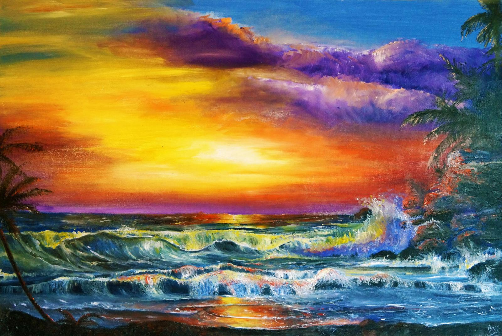 This is a 24x30 in. painting, oil on canvas. I really wanted to capture the movement of the water and waves in this painting. The movement was very important to me, as I wanted it to feel as though the viewer was physically experiencing the solitude of the beach. Light was another element of this piece that I focused on; unifying the painting to create a feeling of romanticism and realism. I first began with several washes of colors for the sky and blended them together. I then began adding a thicker layer of yellow and white to enhance the brightness of the sun.
I then proceeded with a quick wash for the water and mapped out the shapes and directions of the waves. After that, I began adding dark shades of blues and purples for the shadows under the waves. I did the same for mapping out the areas of light with yellows, oranges, and tints of white. I then used a fan brush to help guide me with forming the waves, followed by light blotting technique for the crashing effects against the rocks and shore. For the rocks, I used a palette knife to portray the rough texture using burnt sienna, purple, blue, and black. I finished off the highlights with a shade of dark pink in the direction of the sun.