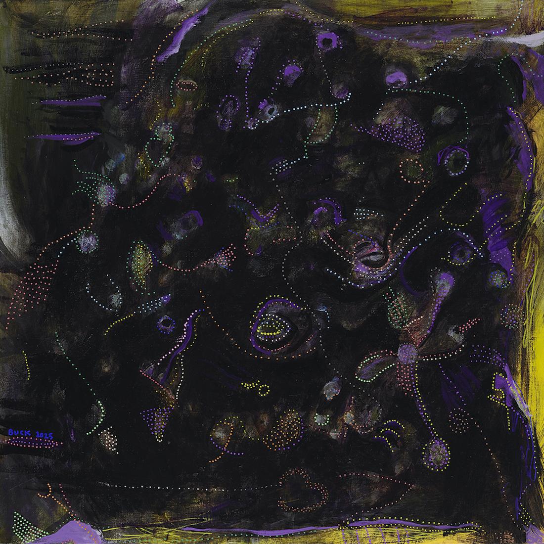 This painting evokes a deep, cosmic atmosphere— a window into dark space.
The overall palette is richly saturated with purple, black, and deep blue, punctuated by highlights of violet, lavender, bits of pale blue, white, and some yellow.

Brushstrokes are layered, creating an immersive sense of depth. There is a nebula-like motion to the marks, and areas which look like they’re pulsing.

Dotted lines of white and yellow drift through the work like constellations.

The two sides of the work glow with light on  the bottom and right edges as streaks of yellow and violet introduce a sense of illumination or emergence from darkness.

The painting is powerfully ambiguous. It can be read as both macroscopic (space, galaxies, and dark matter) or microscopic.