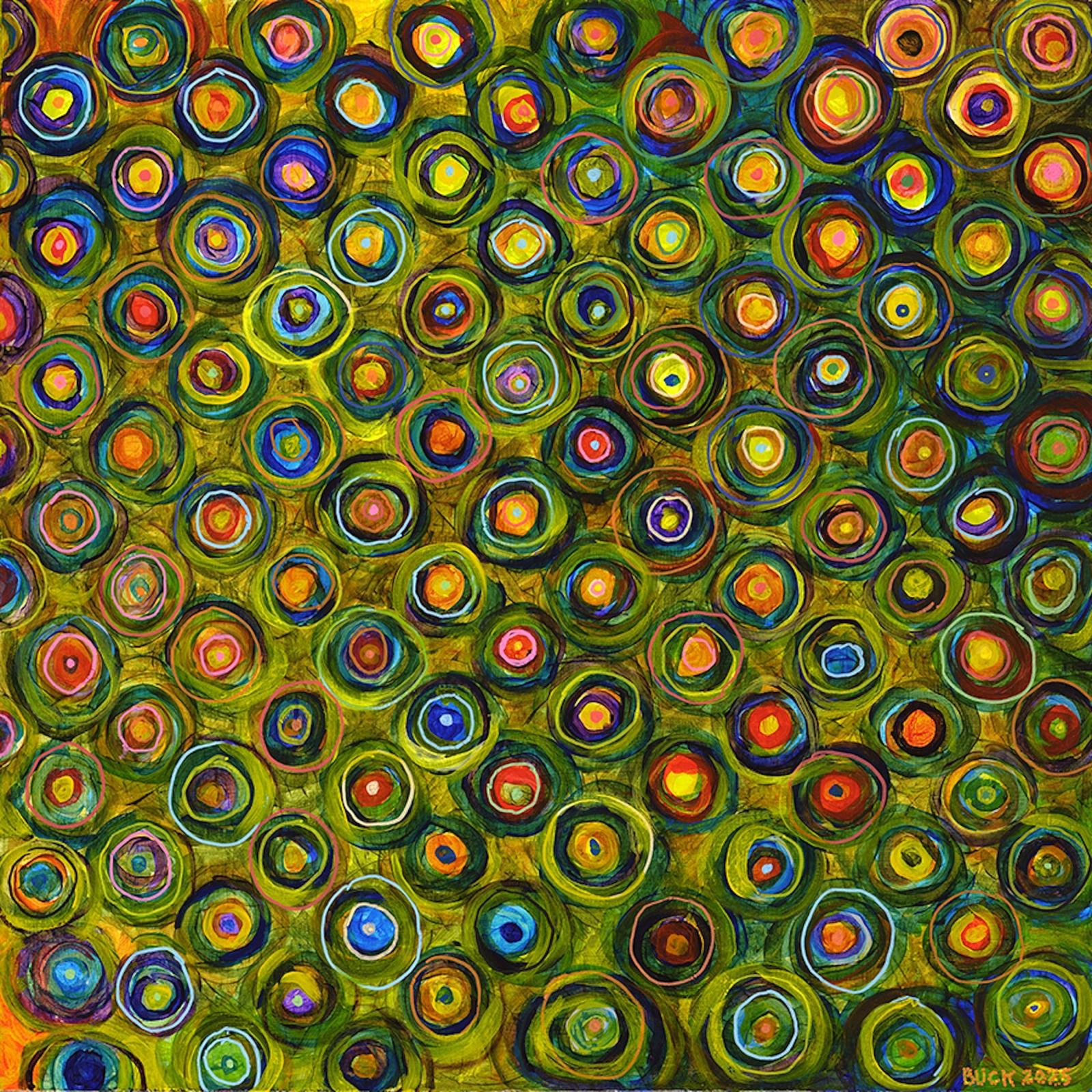 A vibrant composition of concentric circles densely pack the surface of this work, which is included in the Survey of Women Artists in the DMV, an exhibition curated by F. Lenny Campello, in 2025.  

Rings of color in blue, red, purple, green, yellow, and orange are tightly packed and layered concentrically.  The ground is a golden yellow-green, enhancing a jewel-like quality to the paint.  Brushstrokes are visible and textured, adding to the immediacy of the piece despite the repetitive motif.

The circles vary slightly in size, placement, and color, creating an optical reverberation across the canvas. The painting radiates a vibrant multiplicity and interconnectedness as each form retains its unique individuality.

Priced unframed, a custom walnut float frame is available, and is currently on this work, exhibiting in the DMV exhibition at the Artists and Makers Studios and Galleries at 11810 Parklawn Dr., Rockville, MD.