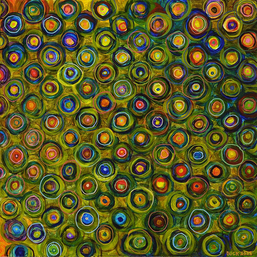 This painting extends my sustained investigation of color, repetition, and vibration as vehicles of felt experience.

Bull’s-eye is built from accumulations of concentric circular forms—units that operate simultaneously as cells, lenses, galaxies, and pulses. In Bull’s-eye, the structure tightens. The picture plane is more compressed and immersive, the circles multiplying into a near-allover matrix that amplifies optical intensity and rhythmic insistence. What begins as a constellation in earlier paintings becomes system.

Color is not descriptive but physiological. The concentric structure slows the eye while the density accelerates it, producing the subliminal push–pull that characterizes my practice. Rather than depicting space, this painting creates it through pulsation.
