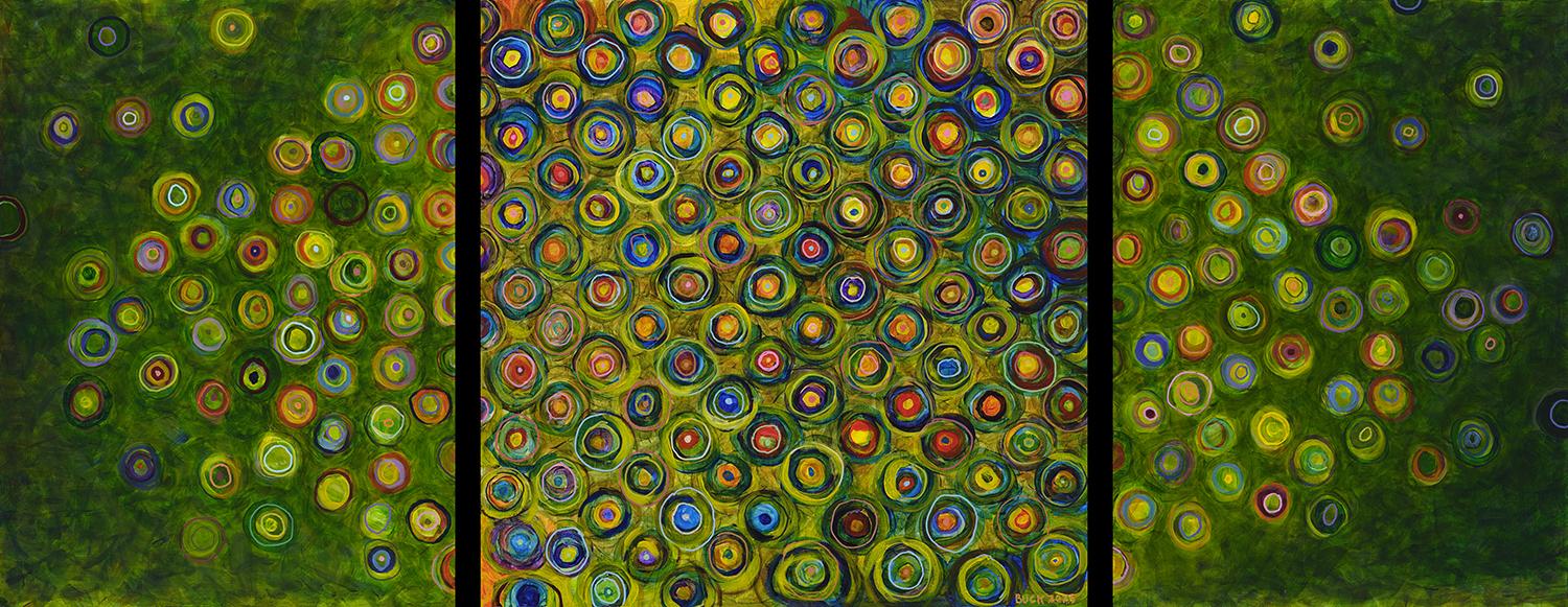 This painting extends my sustained investigation of color, repetition, and vibration as a language of felt experience.  
 
The original painting a 24" square on wood panel was purchased in December 2025.  After hanging it the collector expressed a desire for the work be extended to anchor a great room over a fireplace.  
 
I sketched a draft of how I thought I could translate the energy of the original without replicating the density and vibration of the central panel. The artist and the collector were pleased with the result.

Bull’s-eye is built from accumulations of concentric circular forms—units that operate simultaneously as cells, lenses, galaxies, and pulses. In Bull’s-eye, the structure tightens.
 
The picture plane is more compressed and immersive, the circles multiplying into a near-allover matrix that amplifies optical intensity and rhythmic insistence. What begans as a constellation in earlier paintings becomes system.